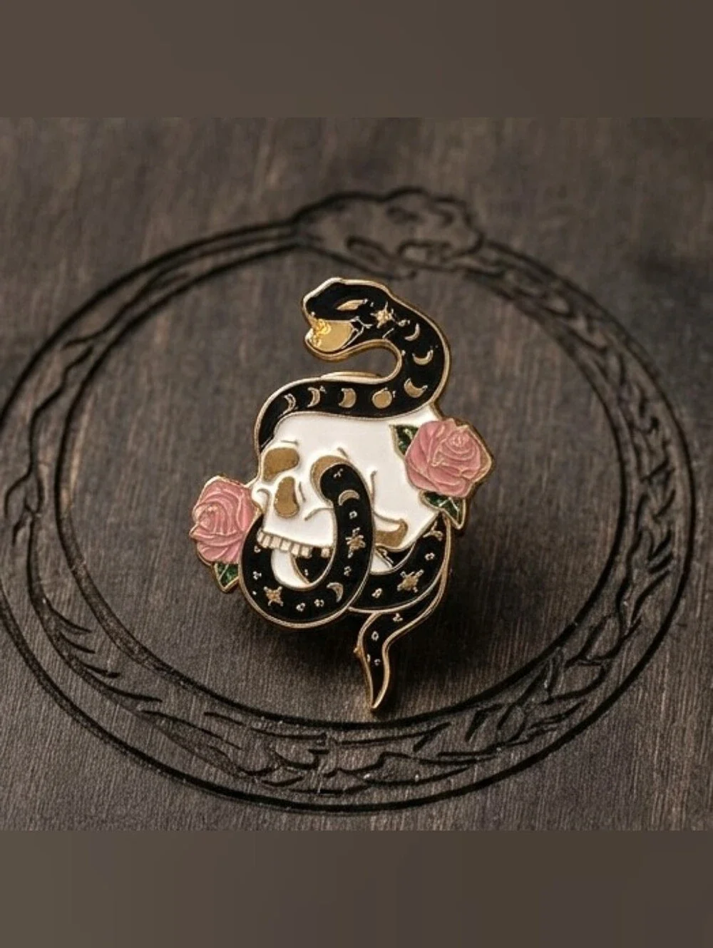 Dark Gothic Celestial Snake Skull Roses Moon Phase Enamel Lapel Pin Accessory